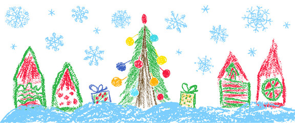 Like child hand drawing crayon christmas house border. Pastel chalk or pencil funny sketch doodle tree, hut, ball, gift box, snow, falling snowflakes. Vector background simple bright kids style.