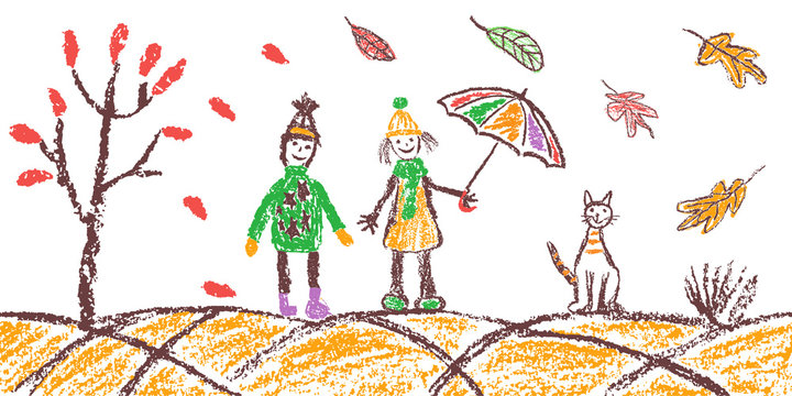 Crayon hand drawing cozy autumn outdoor banner background. Boy, girl, cat, tree, umbrella, falling leaves on white. Like kids drawn doodle simple vector style. Pastel chalk or pencil child painting