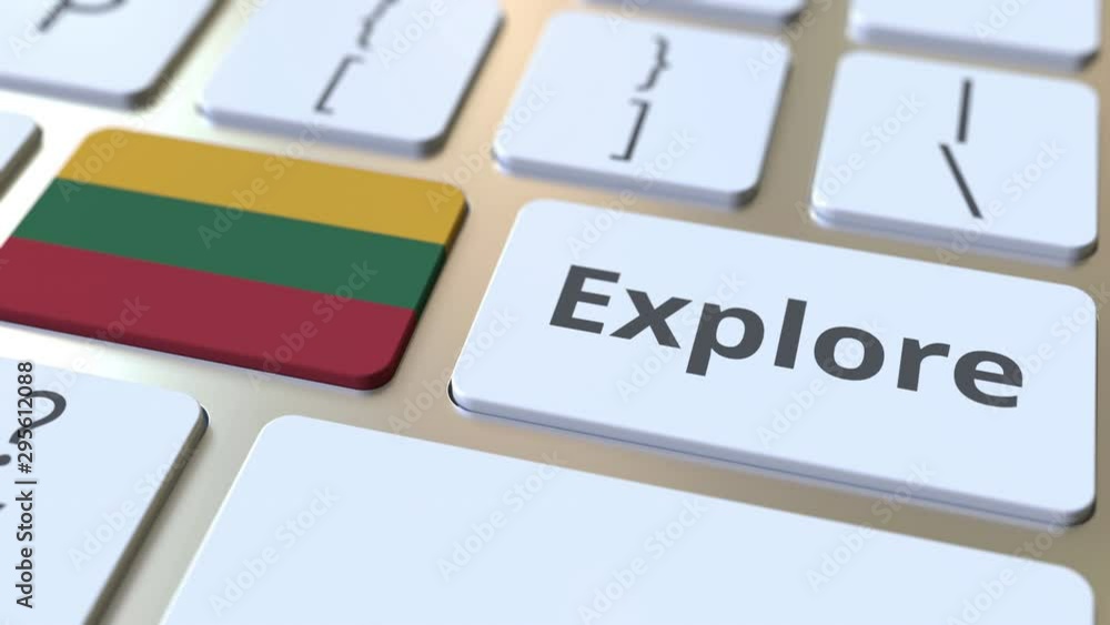 Aufkleber explore word and national flag of lithuania on the buttons of the keyboard. 3d animation