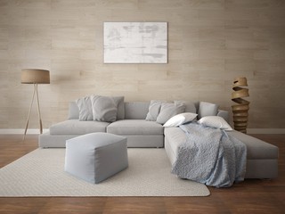 Mock up a spacious living room with a large corner sofa and fashion perfect background.