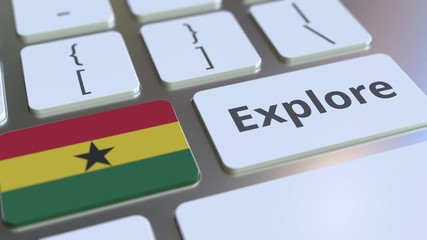 EXPLORE word and national flag of Ghana on the buttons of the keyboard. 3D animation