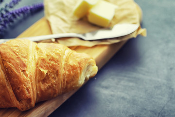 Fresh pastries on the table. French flavored croissant.