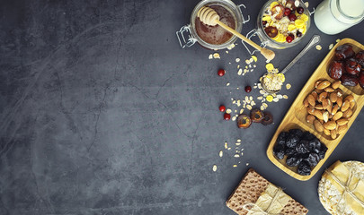 Healthy breakfast. Muesli from cereals with milk berries.