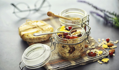 Healthy breakfast. Muesli from cereals with milk berries.
