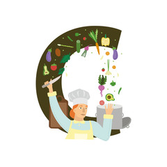 cook preparing dinner, vegetarianism, vector illustration, vegetable salad