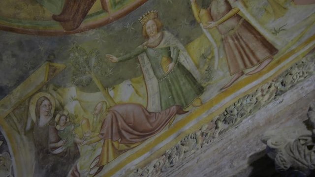 Interior detail of "Tempietto Longobardo / Longobard Temple" colorful paintings / fresco - Unesco world heritage. Built around 760 d.c