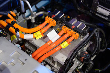 Close up of cable in electric car engine