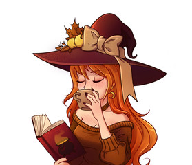 Young witch is drinking coffee and reading book. Hand drawn illustration for children games.