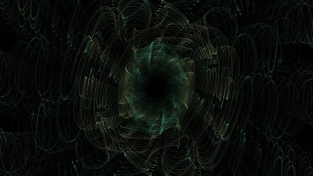Abstract concentric particle based visual appears and evolves then fades to black
