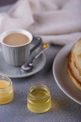 Breakfast with pancakes on a textured background