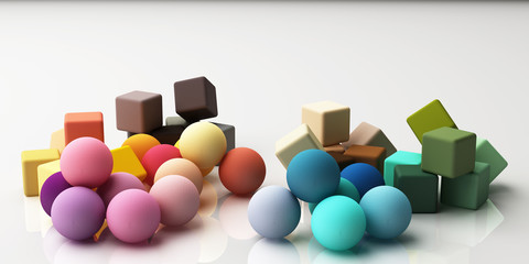 Set of colorful red,purple,blue,grey realistic geometric shape with fabric texture on white background. 3d rendering