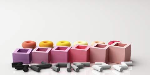 Set of colorful realistic geometric shape with fabric texture on white background. 3d rendering