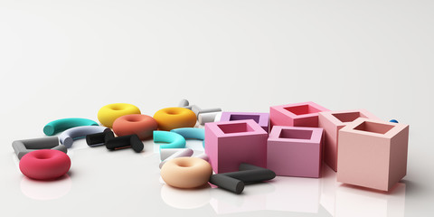 Set of colorful realistic geometric shape with fabric texture on white background. 3d rendering