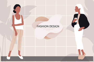 Vector young women dressed in trendy clothes standing in the room.