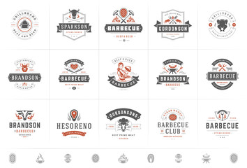 Grill and barbecue logos set vector illustration steak house or restaurant menu badges with bbq food silhouettes