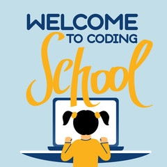 A square image of the girl who studies coding. A vector image for a flyer or a poster for the chidren coding school. Blue and yellow colors