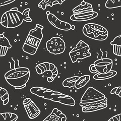 Seamless Food and Drink Pattern. Chalkboard Drawing.