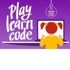 A horizontal image of the girl who studies coding. A vector image for a flyer or a poster for the chidren coding school. Purple and yellow colors