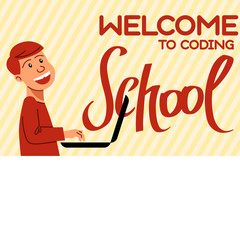 An image of the boy who studies coding. A vector image for a flyer or a poster for the chidren coding school