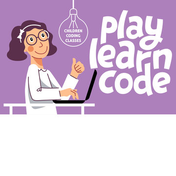 A horizontal image of the girl who studies coding. A vector image for a flyer or a poster for the chidren coding school. Purple and white colors