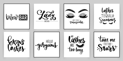 Set with fashion cards with inspiration quote about girls, lashes, makeup.
