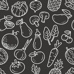 Seamless Fruit and Vegetable Pattern. Chalkboard Drawing.