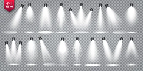 Dekokissen Vektor-Spotlight-Set. Heller Lichtstrahl. Transparenter realistischer Effekt. Bühnenbeleuchtung. Beleuchtete Studioscheinwerfer. © 32 pixels