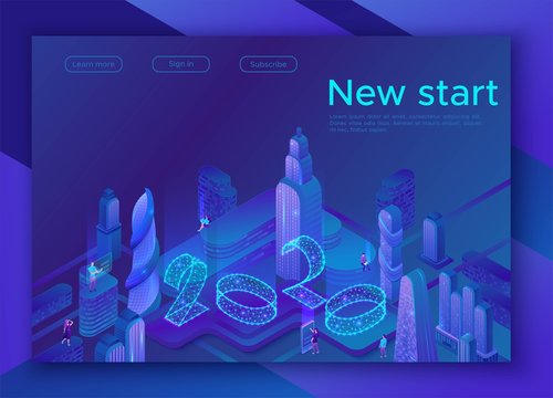 2020 Vision Isometric Smart City, Futuristic 3d Concept, Blue Glowing Neon Number, Future Ai Technolodgy Poster, New Year Calendar Or Banner, Vector Illustration