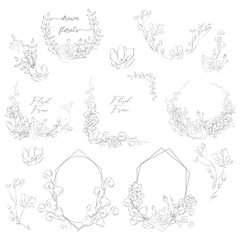 Vector Geometric Hand Drawn Floral Frames and Wreaths Collection, with Plants, Branches, Laurels, Flowers. Design Elements Illustration