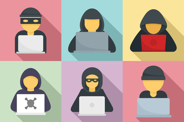 Hacker icons set. Flat set of hacker vector icons for web design