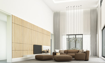 Modern minimal style of living and dining area with sofa set and grey tile floor and wooden wall decorate. 3d rendering