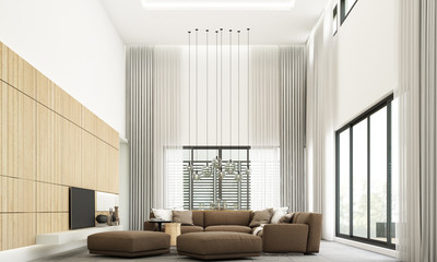 Modern minimal style of living and dining area with sofa set and grey tile floor and wooden wall decorate. 3d rendering