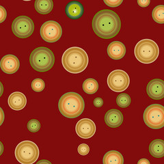 Fototapeta premium Scattering of buttons of golden and greenish colors of different sizes against the background of the color of blood. Seamless pattern