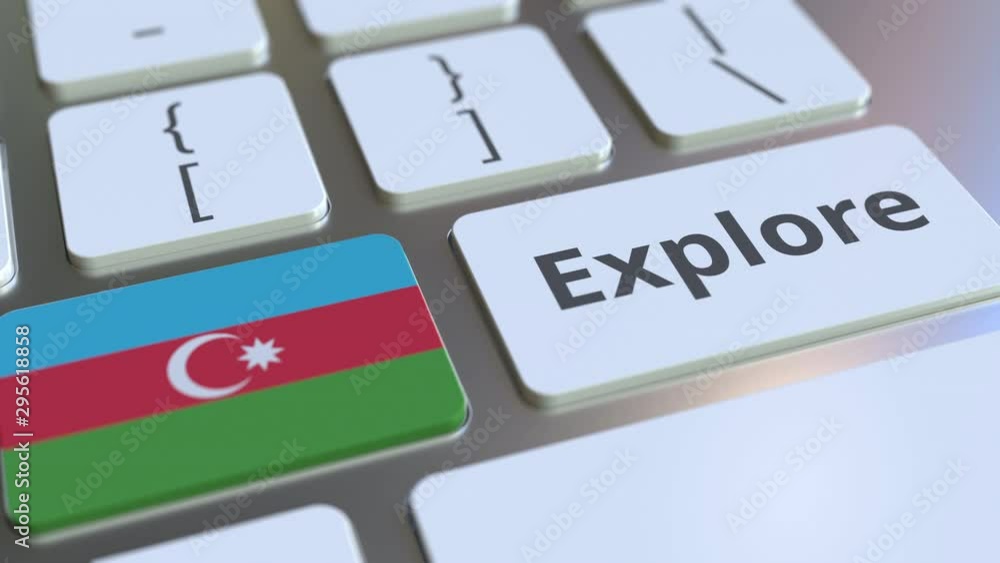 Poster explore word and national flag of azerbaijan on the buttons of the keyboard. 3d animation