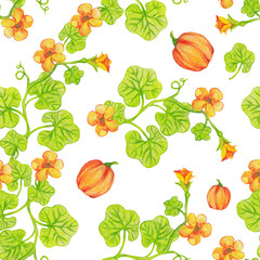 Watercolor seamless pattern of pumpkin branches and flowers.