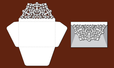 Laser cut template of openwork vector silhouette. For wedding invitation card with lace border at vintage style. Envelope with ornate abstract ornament. Decorative design pattern for holiday party.