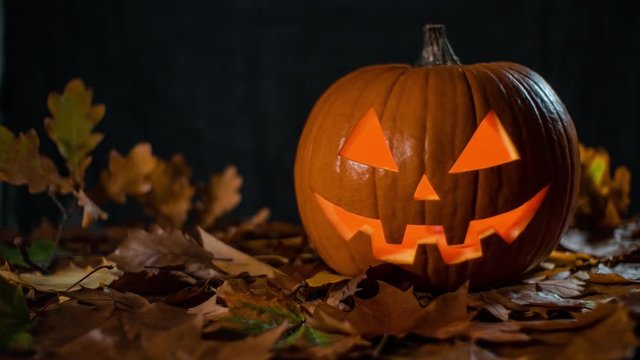 halloween carving pumpkin on a leafs. shining Jack-o'-lantern.