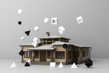 A house surrounding by many of black and white geometric shape and. 3d rendering