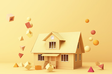 Yellow house surrounding by many of yellow geometric shape and. 3d rendering