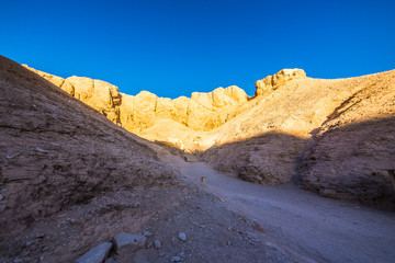 Kings Valley in Luxor, Upper Egypt in the early morning. Interior views of graves, wall paintings with ancient Egyptian hieroglyphs, burial chambers, underground corridors. Tombs of Rameses II, Thutme