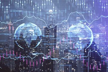 Double exposure of forex chart drawings over cityscape background. Concept of success.
