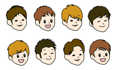 8 types of boys face illustration set