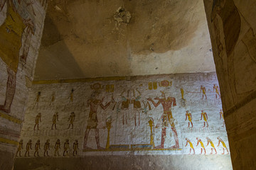 Kings Valley in Luxor, Upper Egypt in the early morning. Interior views of graves, wall paintings...