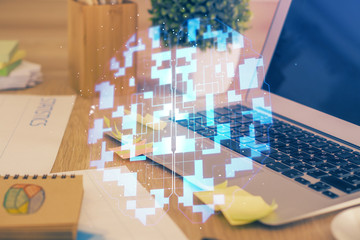 Technology theme drawing and table with computer. Double exposure. Concept of information.