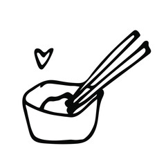 Hand drawn chinese, japanese, korean chopsticks icons, plate or bowl and graphic heart decoration on white background isolated for use in design, doodle illustration