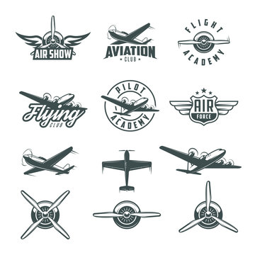 Set of airplane show labels. Flying club. Air show.