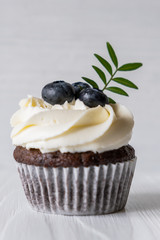 Chocolate cupcake with delicate cream and blueberries.