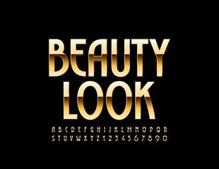 Vector elegant emblem Beauty Look with Golden Font. Luxury Uppercase Alphabet Letters and Numbers
