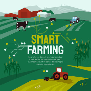 Vector Illustration For Smart Farming With Agricultural Machinery, Farm, Cow, Landscape. High Tech Technology And Data Analysis In Agriculture. Template With Circuit Board For Banner, Flyer, Print, Ad