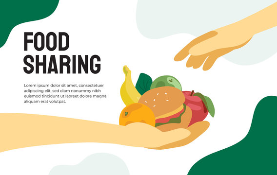 Food sharing project. Vector illustration of share meal, waste reduction, giving helping hand for the poor or refugees. Design for charity, volunteer organization. Handful of food. Template for flyer.